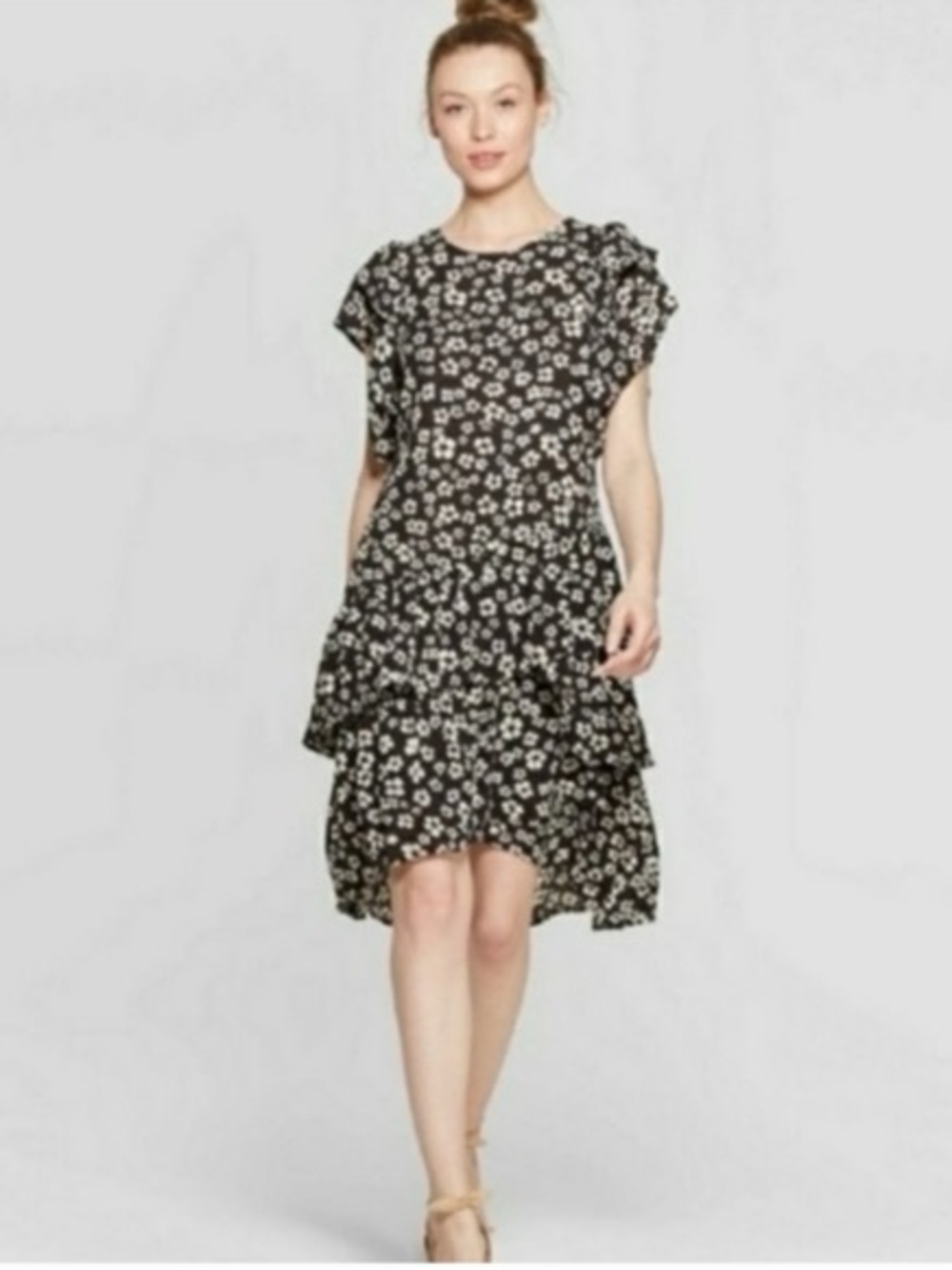 Who What Wear Black Floral High-Low Tiered Dress